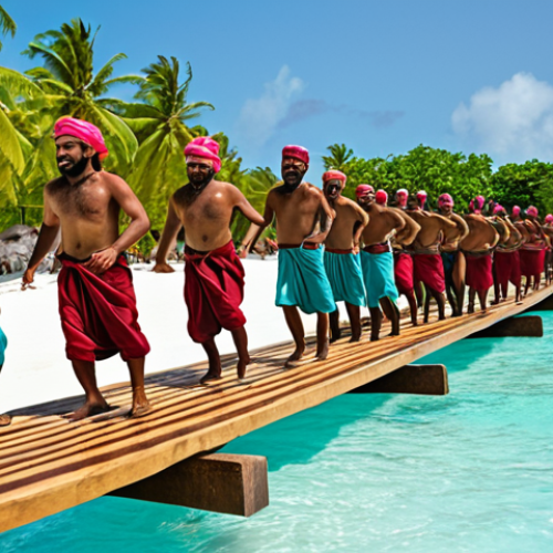 Home 11 ** A vibrant scene of "Funa" being played on a Maldivian beach. Show men balancing and racing on wooden planks, with a cheering crowd and turquoise water in the background. Focus on action, balance, and traditional Maldivian clothing.
**