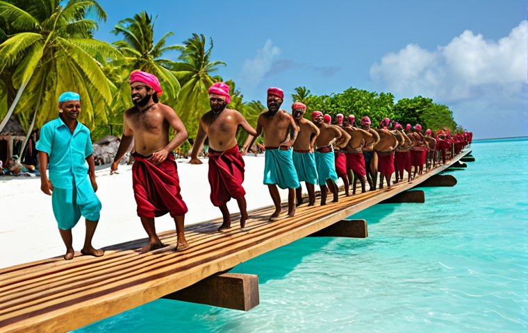 ** A vibrant scene of "Funa" being played on a Maldivian beach.  Show men balancing and racing on wooden planks, with a cheering crowd and turquoise water in the background.  Focus on action, balance, and traditional Maldivian clothing.

**