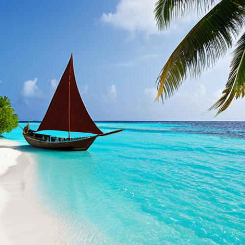 Home 6 **A Dhow (Dhoni) sailing across a vibrant blue ocean, showcasing traditional Maldivian boat-building skills. Coconut trees lining a white sand beach are visible in the background.**