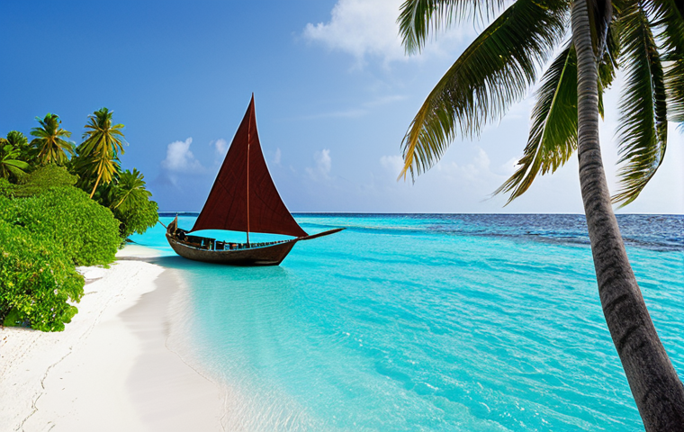 **A Dhow (Dhoni) sailing across a vibrant blue ocean, showcasing traditional Maldivian boat-building skills. Coconut trees lining a white sand beach are visible in the background.**