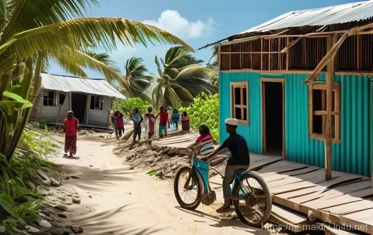 몰디브 쓰나미 대응 - **Prompt:** "A vibrant scene depicting the resilience and unity of the Maldivian community after a n...