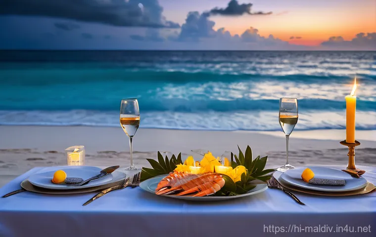 몰디브 나이트 라이프 - Image Prompt 1: Enchanting Moonlight Dinner on a Maldivian Beach**