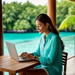 몰디브 사무용 호텔 - **Prompt:** A serene, professional woman in her late 20s to early 30s, dressed in stylish yet comfor...