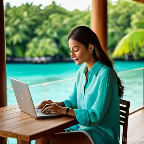 몰디브 사무용 호텔 - **Prompt:** A serene, professional woman in her late 20s to early 30s, dressed in stylish yet comfor...