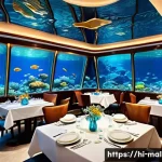 몰디브 수중 레스토랑 - An elegant underwater restaurant interior with large transparent walls revealing vibrant marine life...