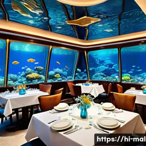 몰디브 수중 레스토랑 - An elegant underwater restaurant interior with large transparent walls revealing vibrant marine life...