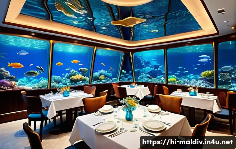 몰디브 수중 레스토랑 - An elegant underwater restaurant interior with large transparent walls revealing vibrant marine life...