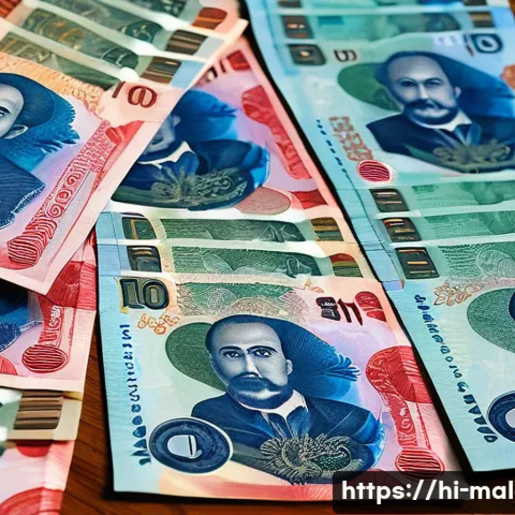 몰디브 화폐 정보 - A highly detailed close-up of Maldivian Rufiyaa banknotes spread out on a wooden table, featuring vi...