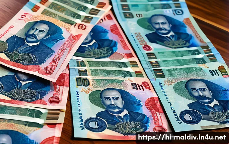 몰디브 화폐 정보 - A highly detailed close-up of Maldivian Rufiyaa banknotes spread out on a wooden table, featuring vi...