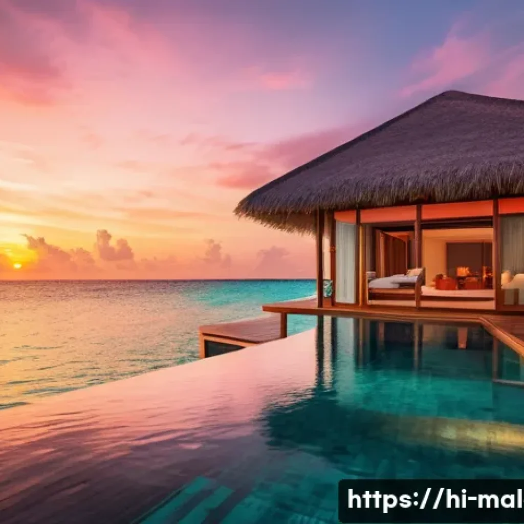 몰디브 최고급 리조트 - A luxurious private water villa in the Maldives at sunset, featuring a spacious wooden deck with a p...