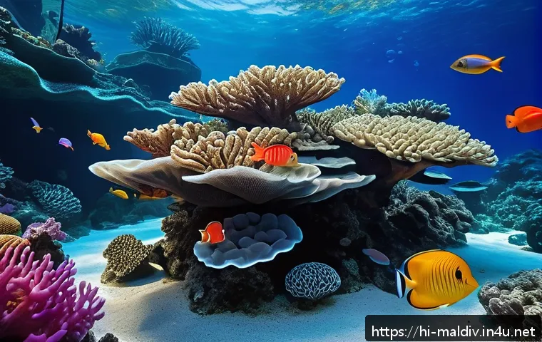 몰디브 수족관 방문 - A vibrant underwater scene inside a Maldives aquarium tank showcasing a colorful coral reef teeming ...