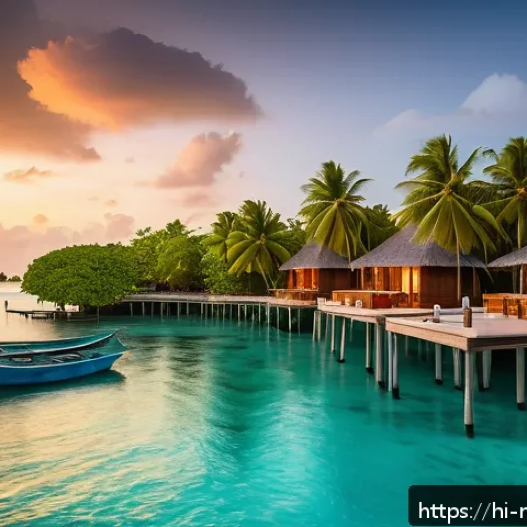 몰디브 주요 직업군 - A vibrant, modern Maldives beachfront resort scene at sunset, showcasing a diverse group of resort m...