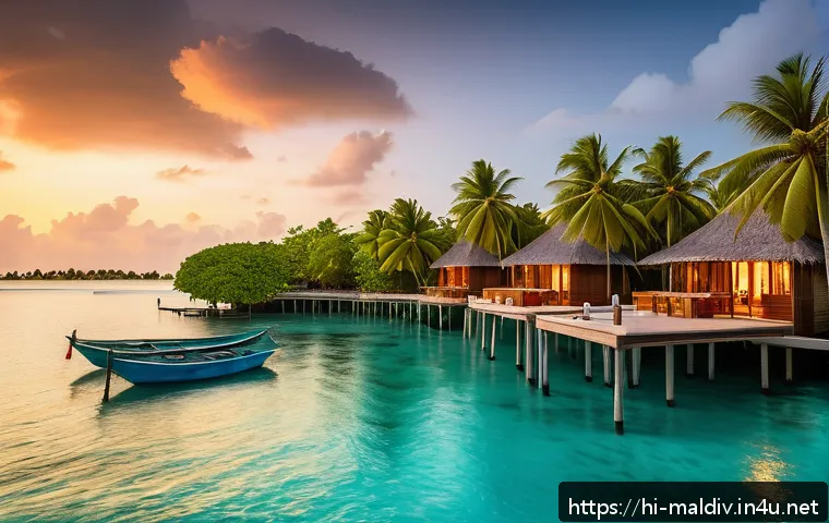 몰디브 주요 직업군 - A vibrant, modern Maldives beachfront resort scene at sunset, showcasing a diverse group of resort m...