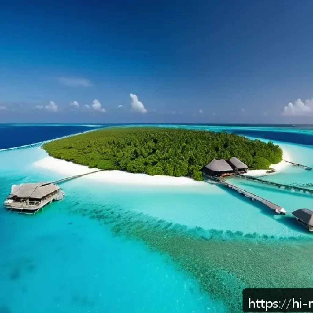 몰디브와 피지 비교 - A serene Maldives island scene featuring small white sandy beaches bordered by crystal-clear blue wa...