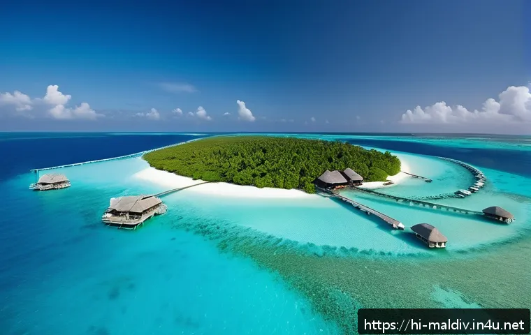몰디브와 피지 비교 - A serene Maldives island scene featuring small white sandy beaches bordered by crystal-clear blue wa...