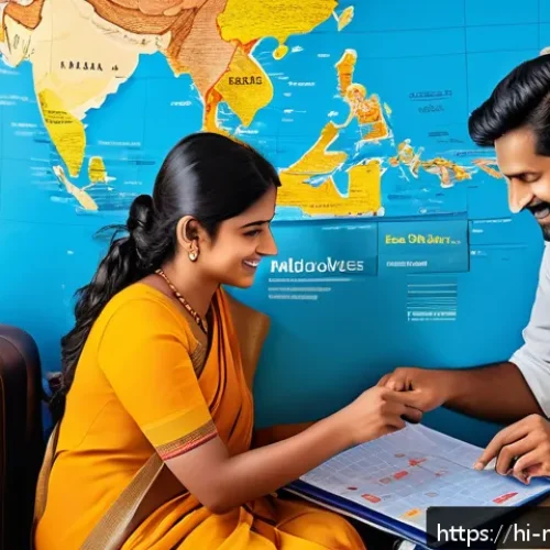 Home 33 몰디브 항공권 할인 정보 - A vibrant and detailed travel scene showing a Hindi-speaking family preparing for a Maldives vacatio...
