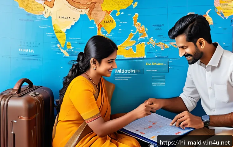 몰디브 항공권 할인 정보 - A vibrant and detailed travel scene showing a Hindi-speaking family preparing for a Maldives vacatio...