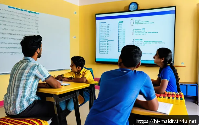 몰디브 디베히 배우기 - A vibrant classroom scene in the Maldives featuring a diverse group of young adults learning Divehi ...