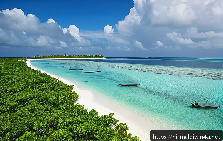 몰디브 여행과 기후 변화 - A serene Maldives beach scene showing gradual coastal erosion with visibly receding sandy shores and...