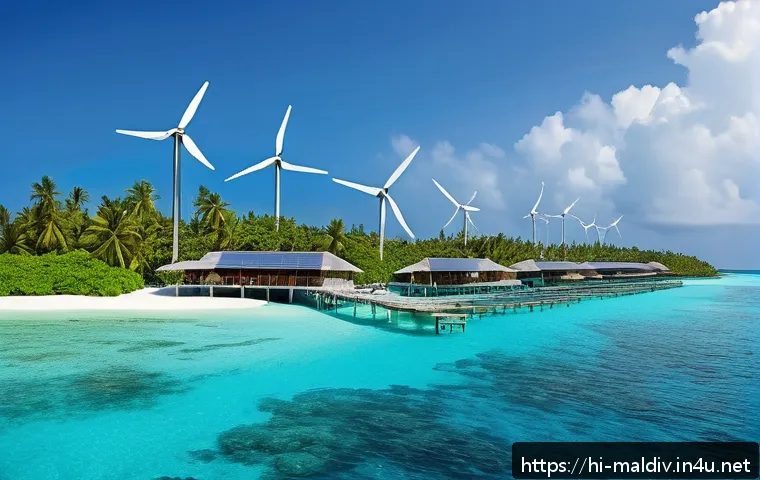 몰디브 관광수익 활용법 - A vibrant Maldives eco-resort scene showcasing sustainable tourism practices: solar panels on thatch...