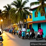 말레 시티 투어 - Photorealistic Male City tour at sunrise, wide-angle street scene beside the turquoise Indian Ocean,...