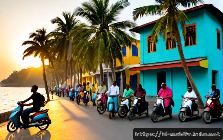말레 시티 투어 - Photorealistic Male City tour at sunrise, wide-angle street scene beside the turquoise Indian Ocean,...
