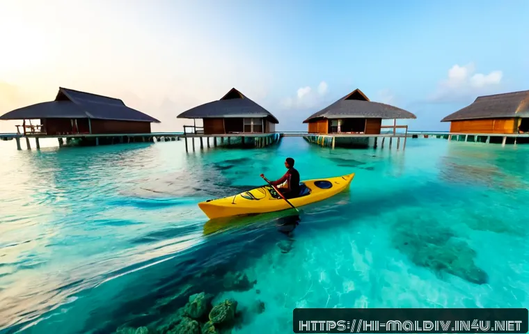 몰디브 카약 투어 - Photorealistic Maldives kayak tour at sunrise, a smiling South Asian couple wearing modest swimwear ...