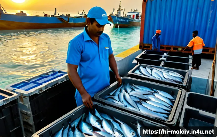 몰디브 수출 품목 - Photorealistic export-focused scene at a Maldives fishing harbor at sunrise, freshly caught yellowfi...