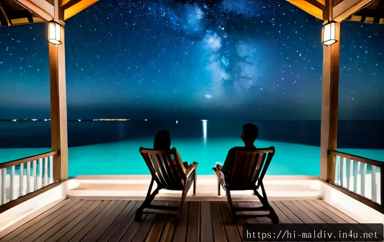 Home 17 몰디브 별 관측 포인트 - Photorealistic Maldives stargazing viewpoint on a quiet overwater villa deck, a Hindi Indian couple ...